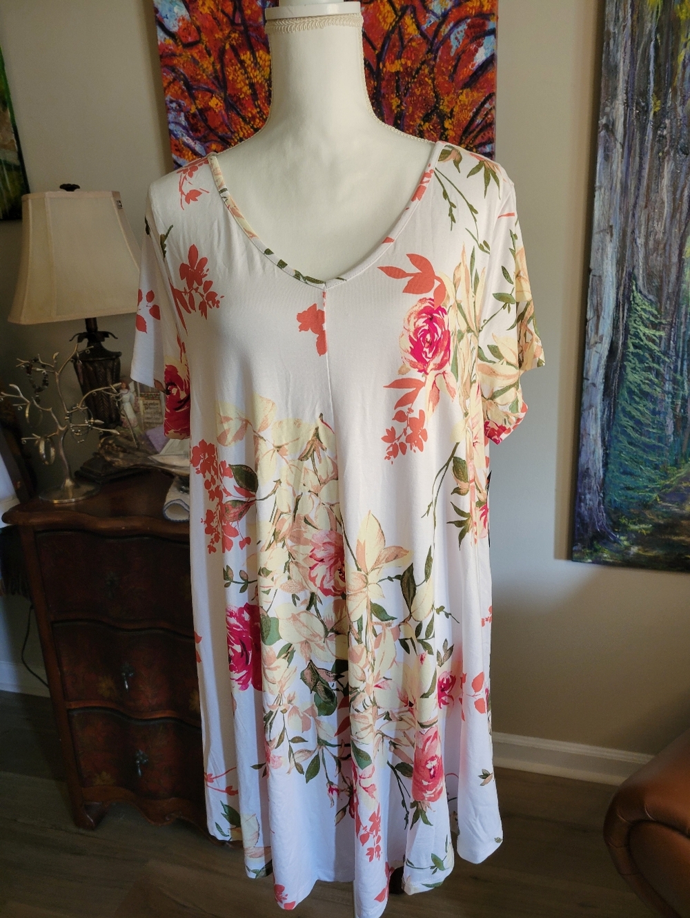Roaman's Floral V-Neck Tank Dress in Cream with Pink Roses